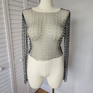 Vine Tree USA Black Mesh Pearl Rhinestone Sheer Top Sz L Y2K Glam Festival Rave
